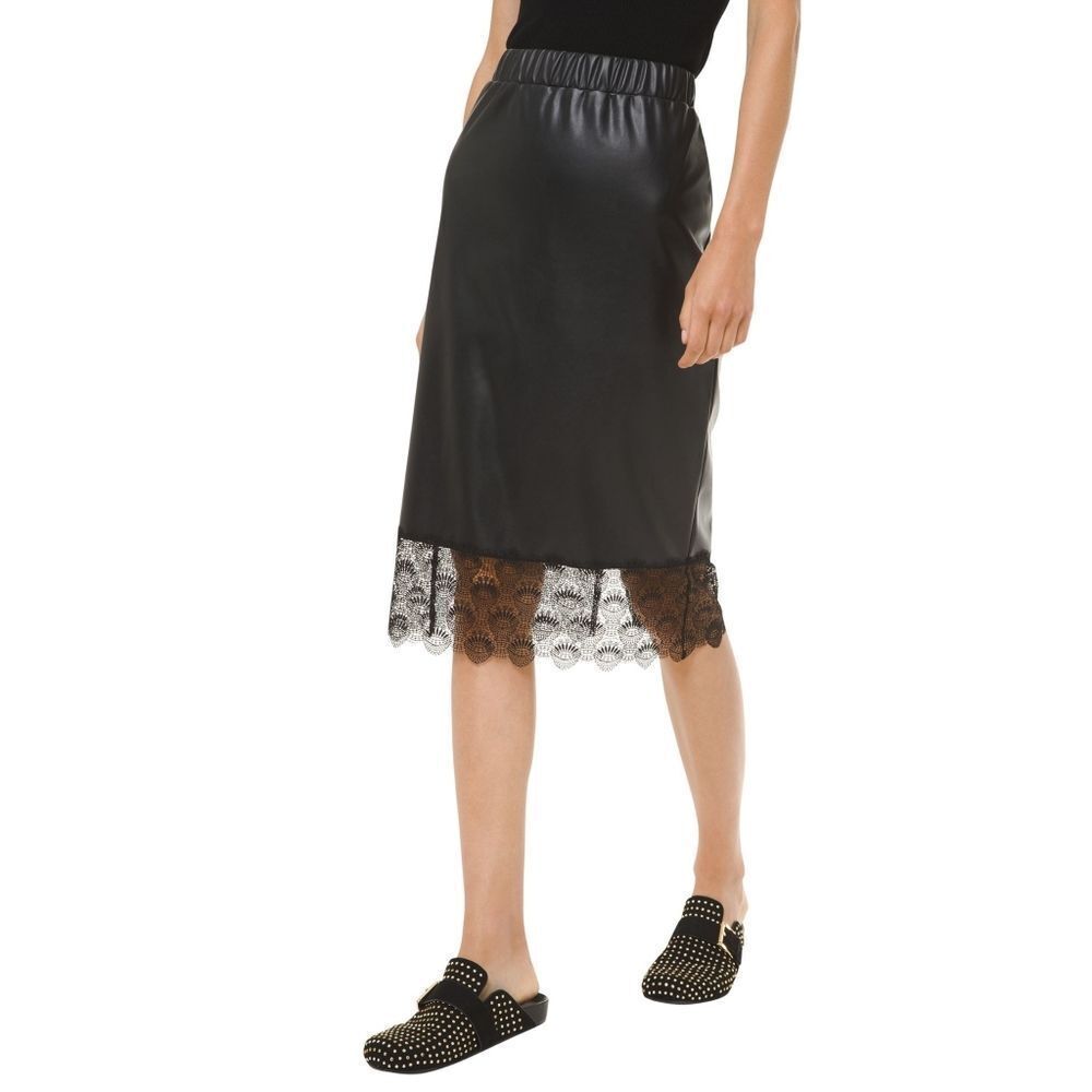 New! MICHAEL KORS Lace Trim Faux Leather Black Pencil Skirt Size Small